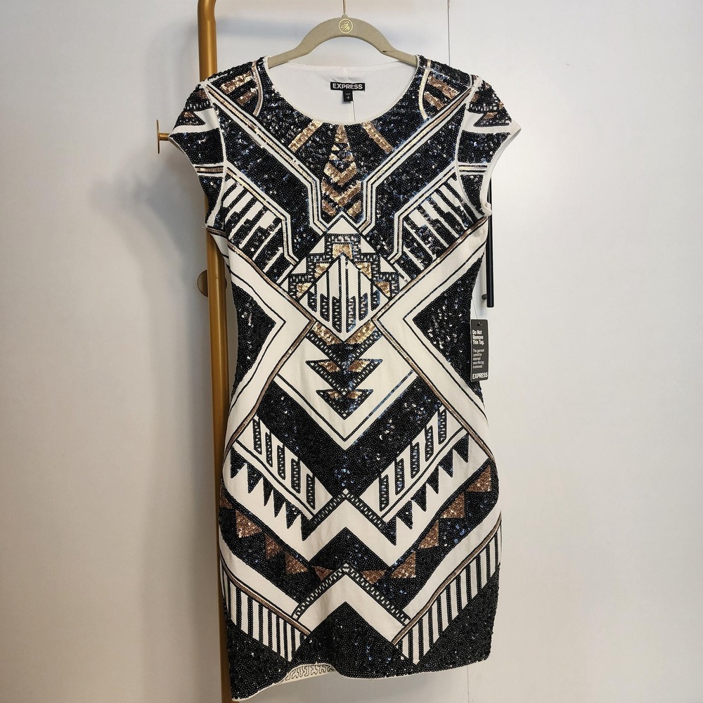 S Metallic Sequined Art Deco Geometric Express Mini Dress, Size Small